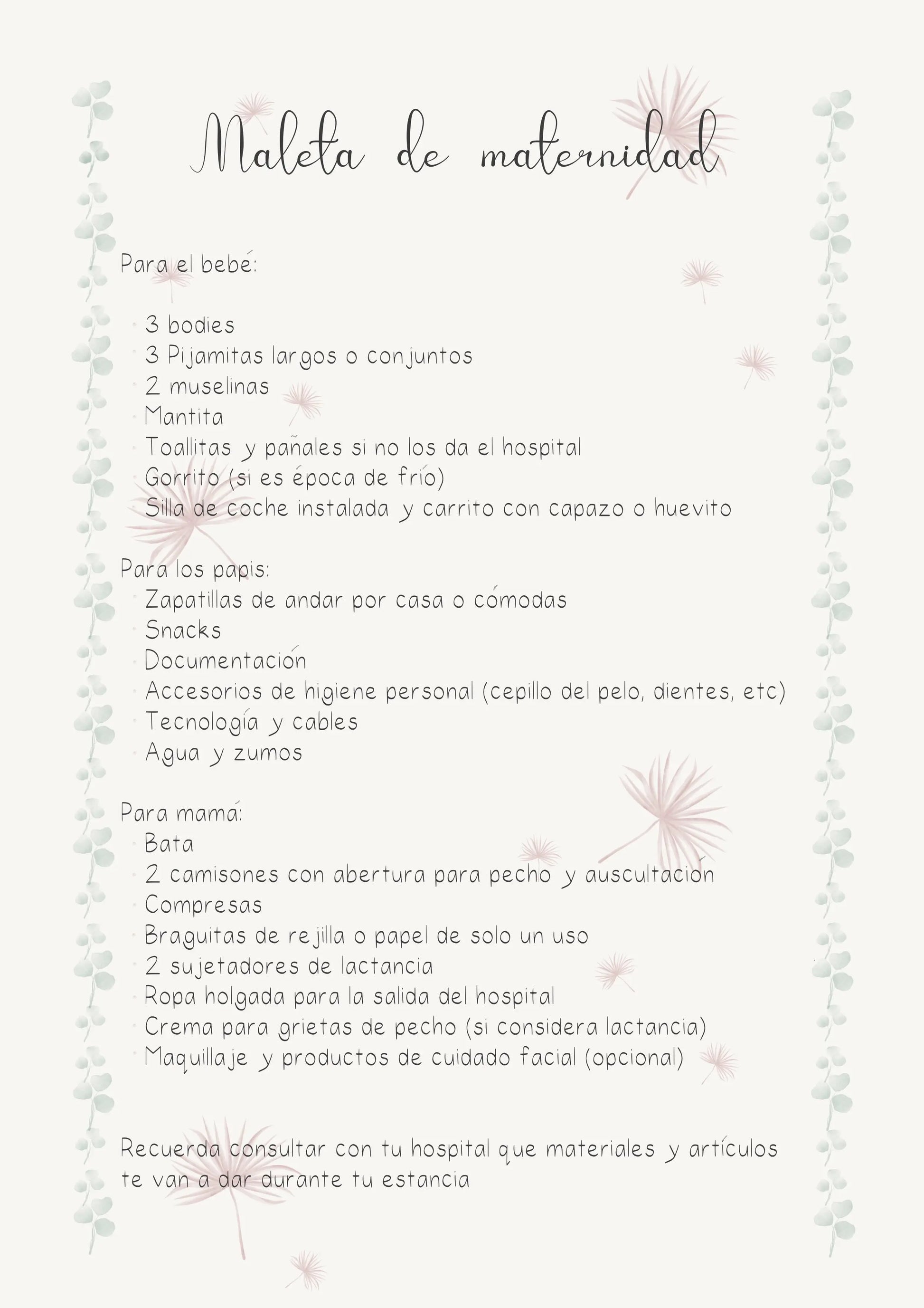 Lista Maleta de hospital imprimible bapumshop