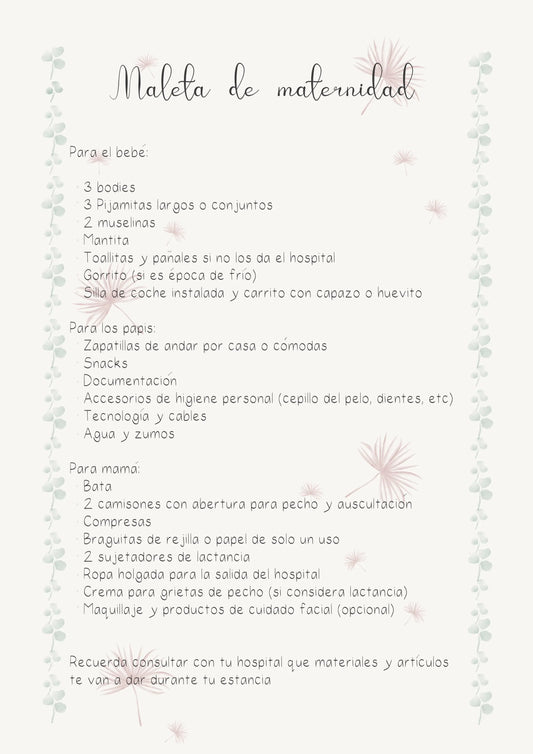 Lista Maleta de hospital imprimible bapumshop